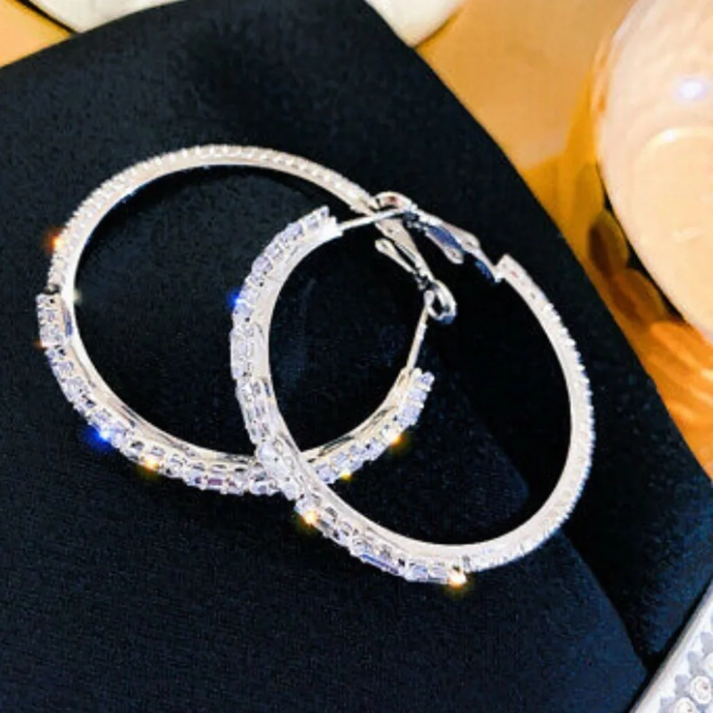 NWT DIAMOND Luxury Sterling Silver Hoop Earrings - Picture 3 of 7